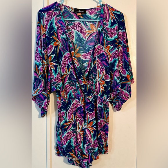 Lulus Hypnotized Purple Gauzy Tropical Print Faux Wrap Romper w Kimono Sleeves - Picture 3 of 11